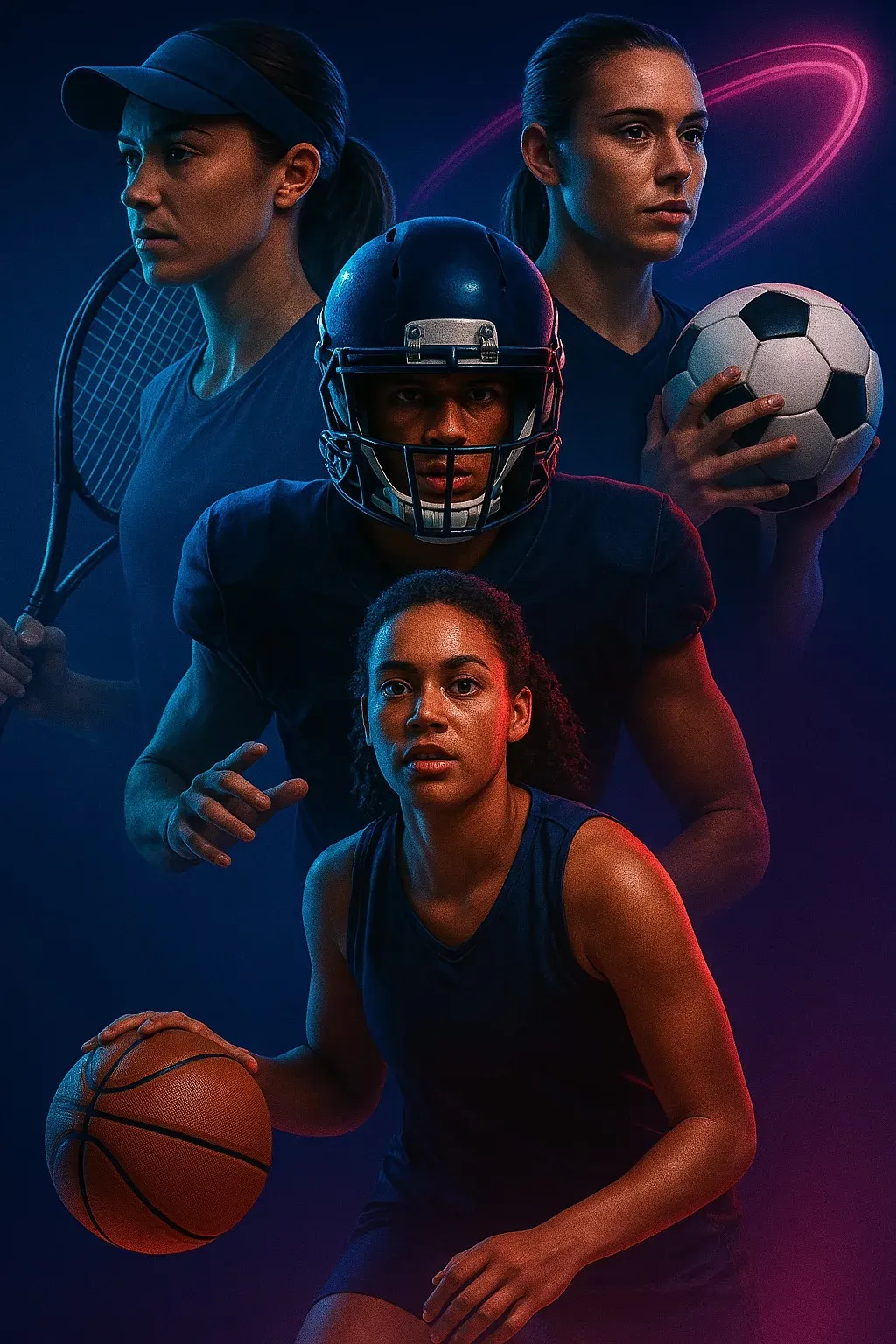 Multiple athletes from different sports with dramatic lighting